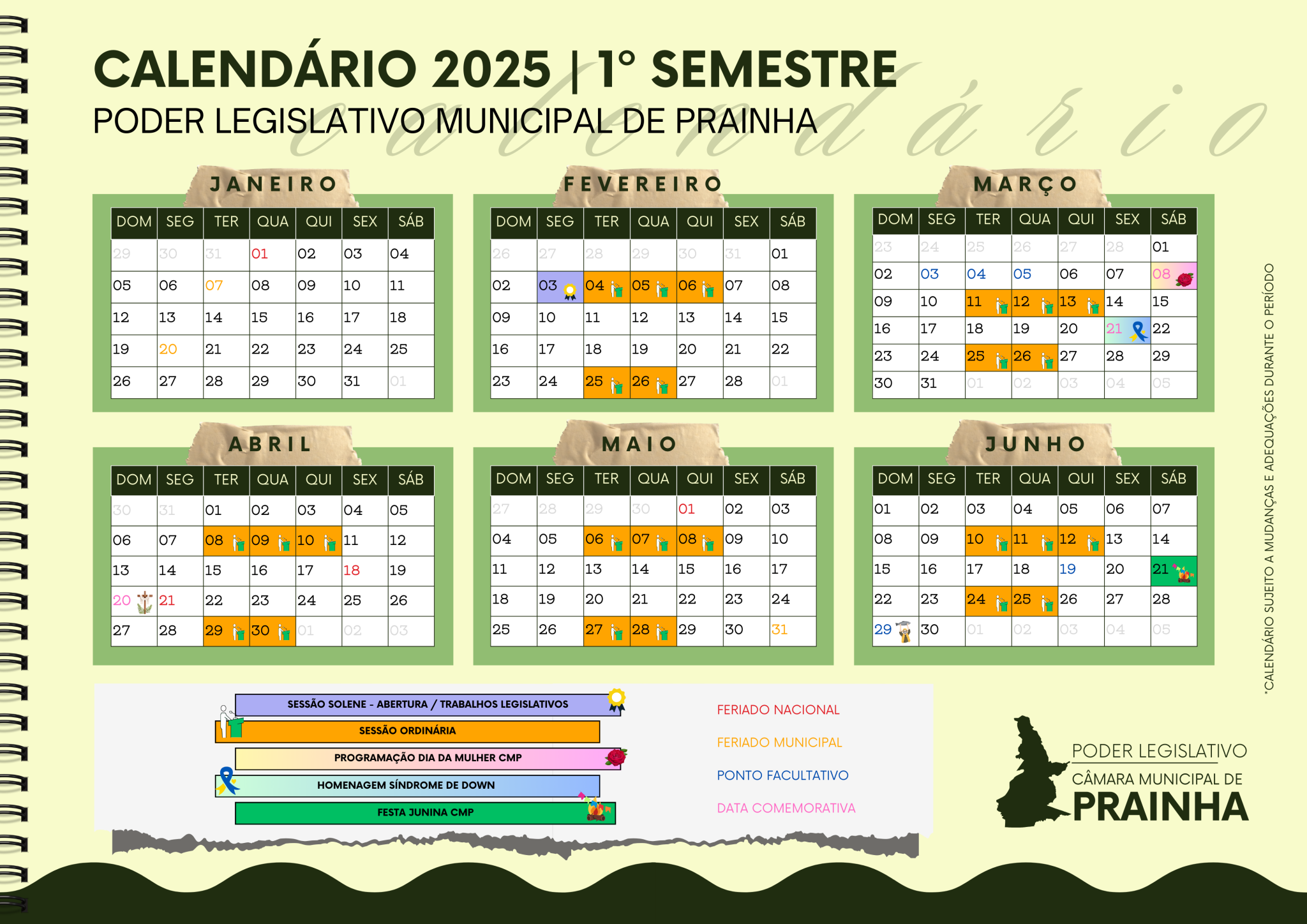 Calendário 1º Semestre 2025 - Câmara Municipal de Prainha